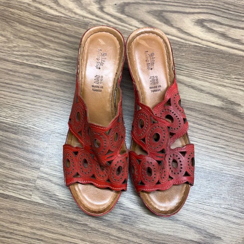 Spring Step Leather Wedge Sandals Labarnas‎ Red Size 41 US 10